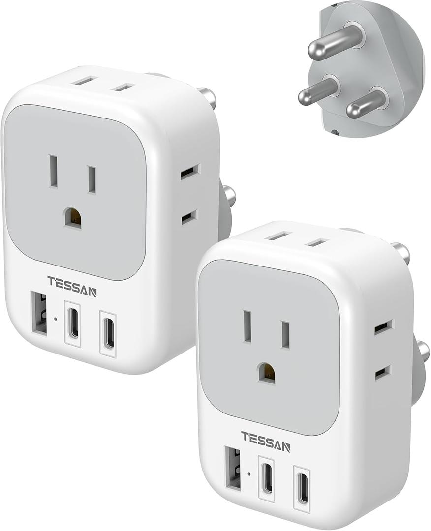 South Africa Plug Adapter 2 Pack, TESSAN Type M Adapter for South Africa with 4 Outlets 3 USB (2 USB-C), Type M Adaptor for US to Namibia Botswana India Nepal Mozambique Sri Lanka
