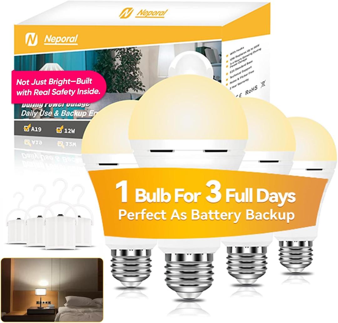 Neporal LITE PRO Rechargeable Light Bulbs, 2600mAh Large Battery Backup Light Bulbs, Perfect As Emergency Lights for Home, Hurricane Prepareness Item, E26/E27 (Soft White-2600mAh)