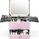 Qislee Makeup Box with Drawer and A Detachable Lighted Mirror, Waterproof Travel Train Case, Cosmetic Organizer and Makeup Suitcase with Adjustable Dividers, Magnetic LED Mirror (ICY Pink)