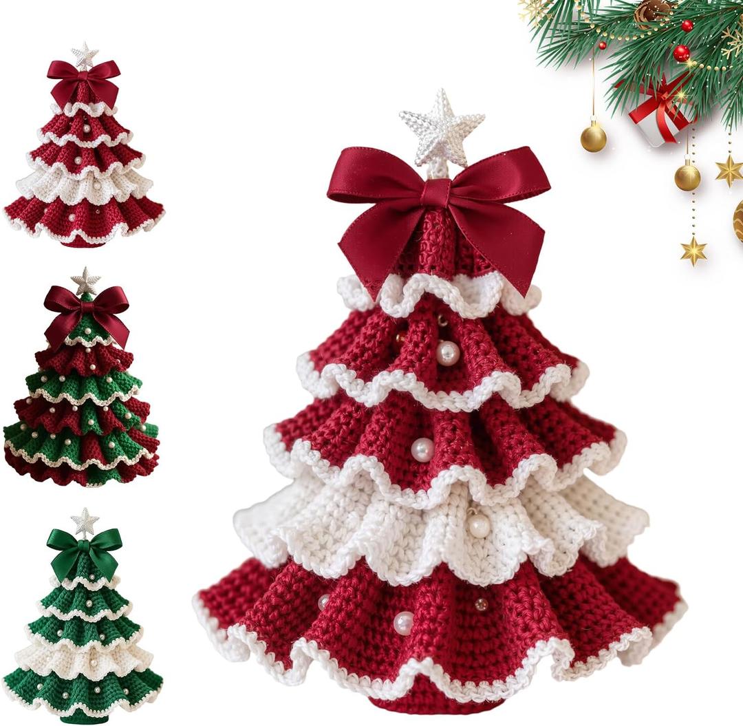 DIY Crochet Christmas Tree Kit, Christmas Tree Crochet Craft Kit Ornaments, Handmade Holiday Craft Set, Beginner-Friendly Crochet Kit with Yarn, Crochet Hook, and Instructions (White and Red)