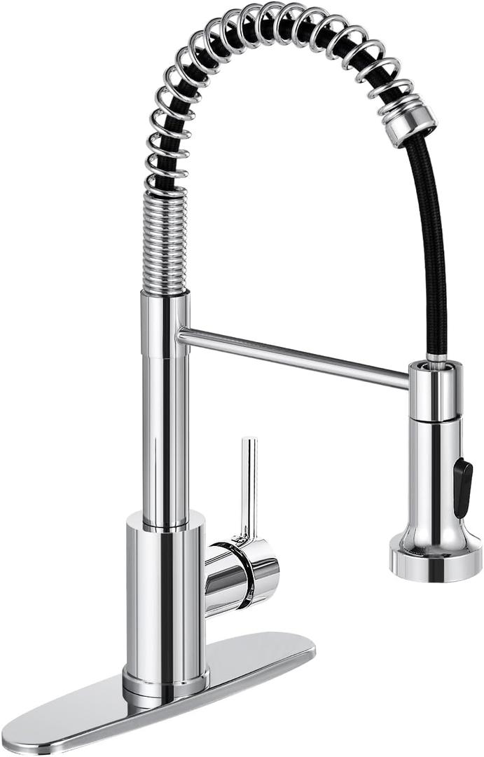 DJS Kitchen Faucets with Pull Down Sprayer Chrome High Arc Single Handle 1 or 3 Holes Spring Kitchen Sink Faucet with Deck Plate for Farmhouse RV Vessel Basin