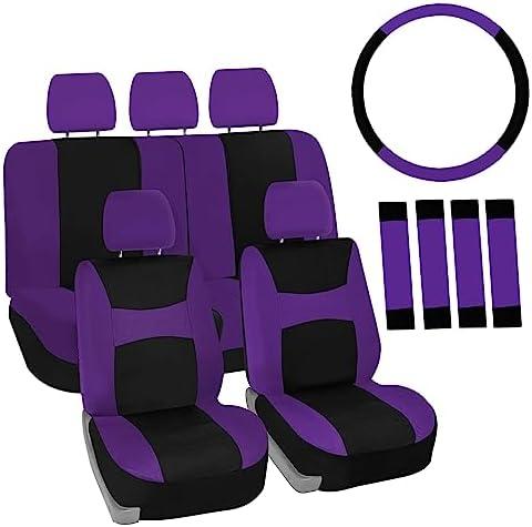FH Group Full Set Car Seat Covers Cloth, Universal Fit combo, Set with Steering Wheel Cover and Seat Belt Pad fits Most Cars, SUVs, Trucks Purple