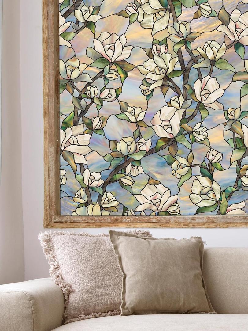Artscape Star Magnolia, Privacy Window Film with Vibrant Colored Pattern, Non-Adhesive & UV Protection, Easy to Apply & Removable, 24 x 36 Inches, Made in USA