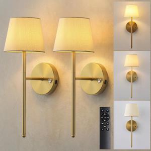 Gold Wall Sconces Set of Two, Small Rechargeable Battery Operated Wall Lamp with Remote, 5200mAh Cordless Wall Lights with Fabric Shade for Bedroom, Bedside, Nursery, Kitchen, Night Light