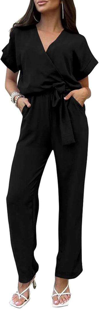 PRETTYGARDEN Women's Summer One Piece Jumpsuits Belted Short Sleeve Wrap V Neck Fashion Dressy Casual Wide Leg Pants Romper (X-Large, Black)