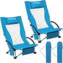 KingCamp Low Beach Chair, High Back Folding Camping Chair for Adults, Oversized Breathable Mesh Seat, 300lbs Heavy Duty Portable Chair with Cup Holder & Storage Pockets for Beach, Outdoor (Ergobreeze H Blue 2pcs-2)