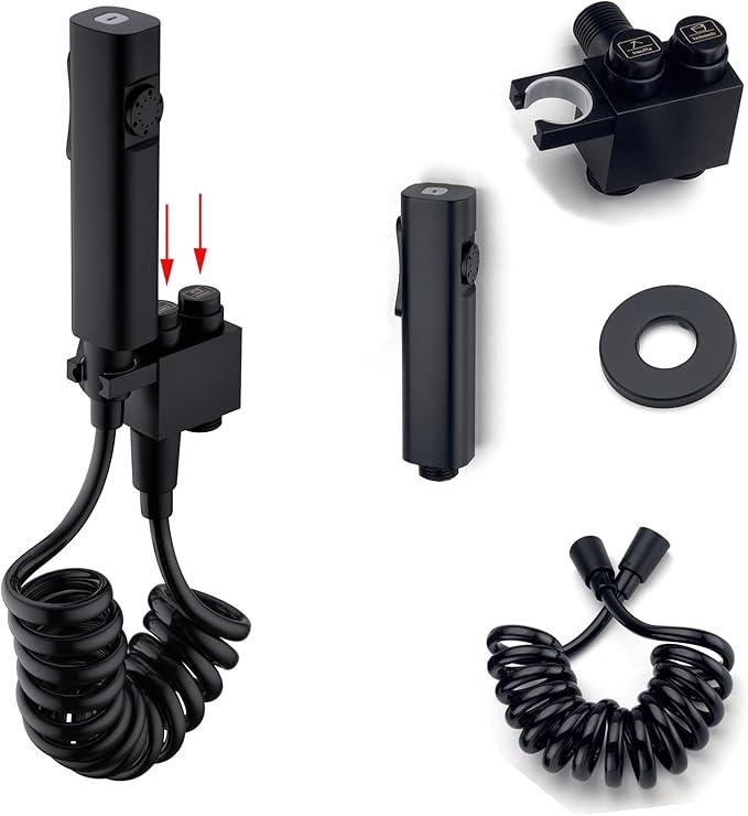 Bidet Sprayer for Toilet 1 in 2 Out, Matte Black Handheld Sprayer Bidet Attachment with Double Control Valve Retractable Spring Hose for Feminine Wash, Cloth Washer, Pet Shower