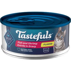 Blue Buffalo Tastefuls Flaked Wet Cat Food, Made with Natural Ingredients, Fish and Shrimp Entrée in Gravy, 5.5-oz Cans (24 Count) (EXP 10/20/28)