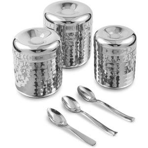 CRAFTONE Stainless Steel Hammered Containers Set of 3 with Spoon, Ideal for Tea, Coffee, Sugar, Masala Storage Sugar Container with Lid for Salt, Coffee, Dishwasher Safe (10 Oz, 15 Oz, 20 Oz)