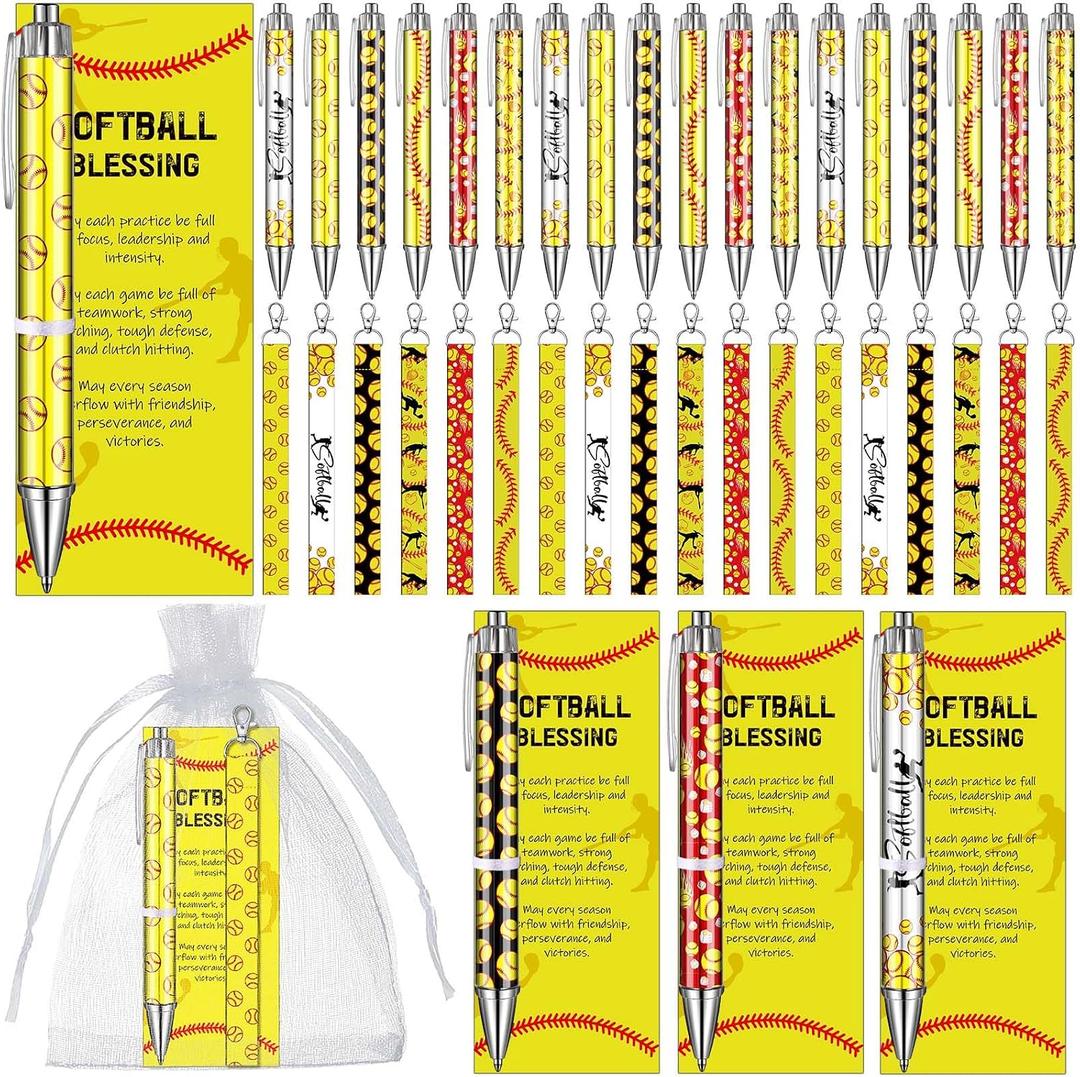 Kosiz 96 Pcs Softball Party Favors Include 24 Softball Ballpoint Pens 24 Cards Keychains Organza Bags for Team Party Decoration Supplies Players Sports Lover Adults