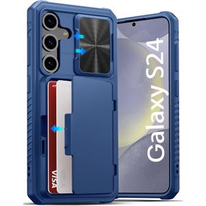 ATATOO for Samsung Galaxy S24 Case with Card Holder (Store 4-5 Cards) & Slide Camera Cover, Wallet Cover for Samsung Galaxy S24 2024, Blue