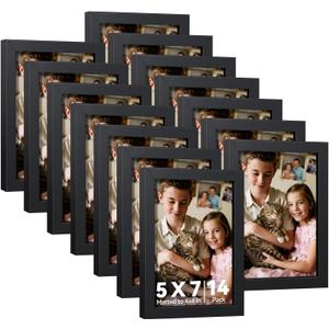 HappyHapi 5x7 Picture Frames Bulk, 14 Pack Photo Frames, Display Pictures 4x6 with Mat or 5x7 without, Wall Hanging Photo Frame or Tabletop Display (Black)