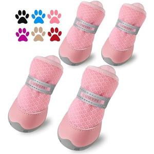 QUMY 4PCS Dog Shoes for Small Dogs, Hot Pavement Summer Puppy Dog Boots & Paw Protectors with Soft Anti-Slip Rubber Sole, Mesh Breathable Dog Booties for Hardfloors, Walking Running Pink Size 2
