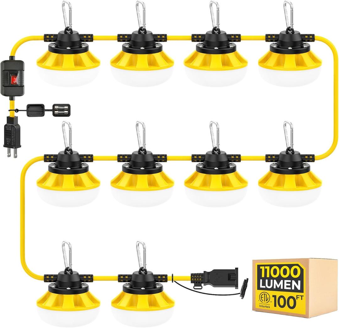 100FT Switch LED String Lights: 100w 11000lm ETL Certified Bright Industrial Outdoor Temporary Lighting Construction Hanging IP65 Waterproof 18AWG Wire Work Light for Attic Jobsite Garage