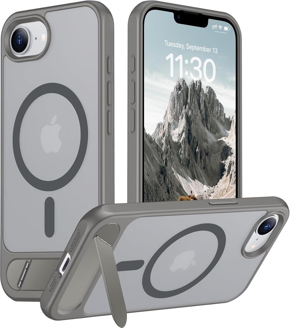 Temdan Magnetic Compatible with iPhone 16E Case, [Built-in Invisible Kickstand][Compatible with MagSafe][Military Grade Shockproof] Slim Translucent Matte Case for iPhone 16E 6.1" 2025 (Gray)