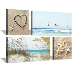 Coastal Wall Art Seascape Artwork: Sea Grass and Starfish on Beach Canvas Painting for Living Room (16'' x 16'' x 2 Panels + 32'' x 16'' x 2 Panels)