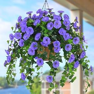 Waipfaru Artificial Hanging Baskets with Flowers, Fake Hanging Plants Outdoors, Faux Vine Bougainvillea for Urn Fillers Front Porch Patio Outside Summer Decor (Blue)