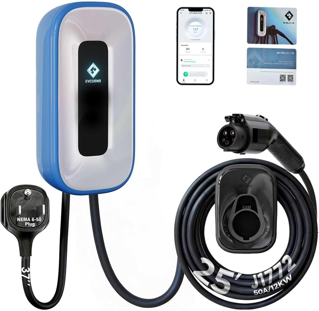 EV Charger Level 250 Amp/240V Charging Station, Indoor/Outdoor EVSE, 25Ft Level 2 ev Charger, WiFi/APP/RFID/Bluetooth (NEMA6-50 Plug or Hardwired)