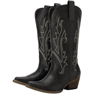 HISEA Rollda Cowboy Boots for Women Cowgirl Boots Ladies Western Embroidery Pointy Toe Size 7.5 Black