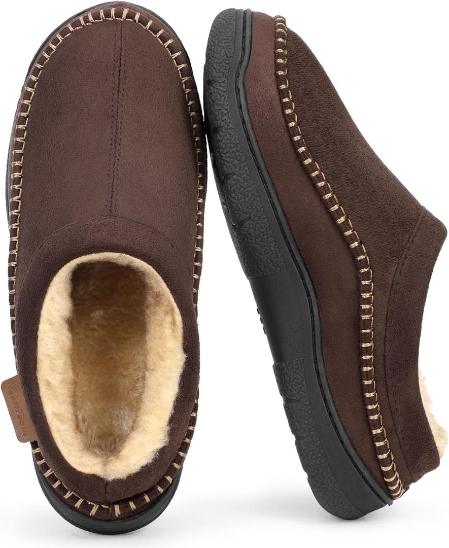 Mens Slip-On Moccasin Slippers, Warm Winter Microsuede House Shoes with Memory Foam, Indoor and Outdoor Loafer Style (Brown)