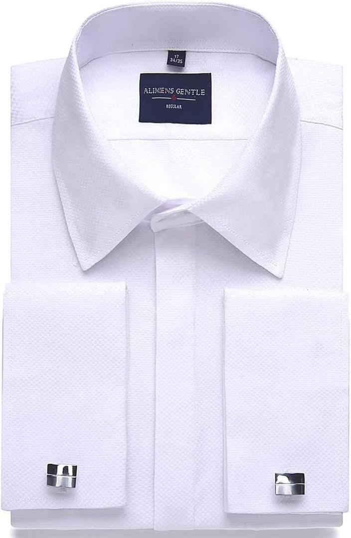 Alimens & Gentle Men's Dress Shirts French Cuff Long Sleeve Regular Fit Formal Metal Cufflinks Shirt (14.5" Neck 32"-33" Sleeve, White)