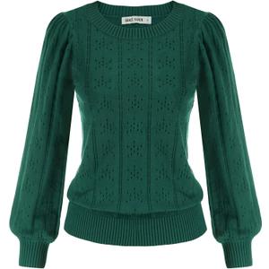 GRACE KARIN Women's Long Lantern Sleeve Crew Neck Crochet Top Hollow Out Fall Pullover Sweater, M