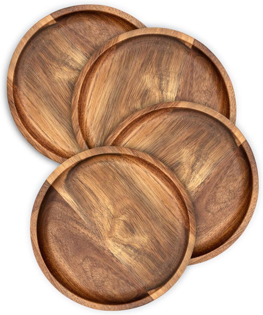 Acacia Wood Round Dinner Plates 6 Inch - Serving Tray & Platters for Home Decor, Food, Vegetables, Fruit, Charcuterie, Appetizer (Set of 4 Wooden Charger)