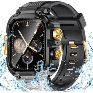 Goton IP68 Waterproof Rugged Band for Apple Watch 44mm with Case build-in Screen Protector Heavy Duty Sport Strap Compatible with iWatch Series 11/10/9/8/7/6/5/4/SE (Black-Gold)