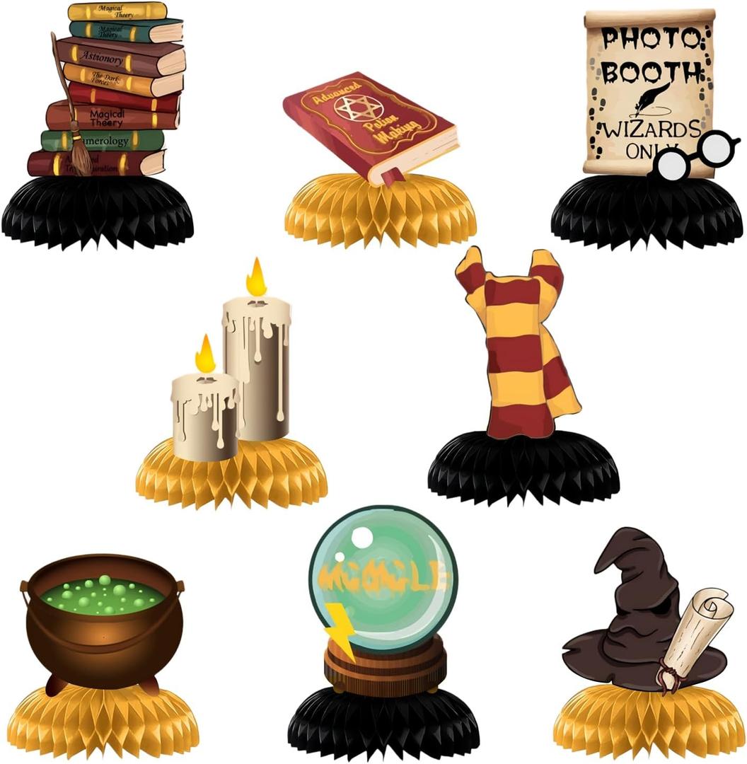 8 Pcs Wizard Party Centerpieces - Magical School Theme Honeycomb Table Decorations, 3D Double-Sided Cauldron & Sorting Hat Table Toppers for Witchcraft Birthday Party Supplies, Movie Night Room Decor