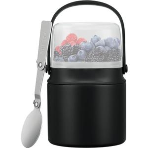 2-in-1 Insulated Food Jar with a Snack Container - 15oz Kids Soup Thermos for Hot Food with Handle and Spoon, Leak Proof Bento Lunch Box Kids, Perfect for School & Travel, Black