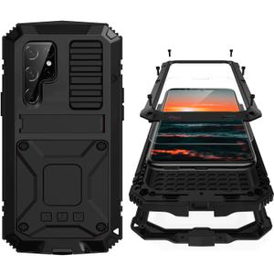 Simicoo Samsung S22 Ultra Metal Case with Screen Protector Camera Protector Military Rugged Heavy Duty Shockproof Case with Stand Full Cover Tough case for Samsung S22 Ultra (S22 Ultra, Black)