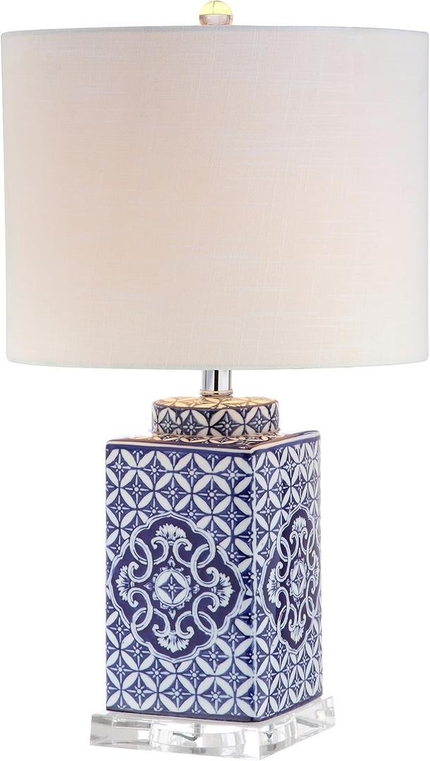 JONATHAN Y JYL3006A 23" Traditional Chinoiserie Blue and White Ceramic Table Lamp, Bedside Lamp for Living Room, Bedroom Nightstand, End Table Desk Lamp with White Linen Drum Shade, LED Bulb Included