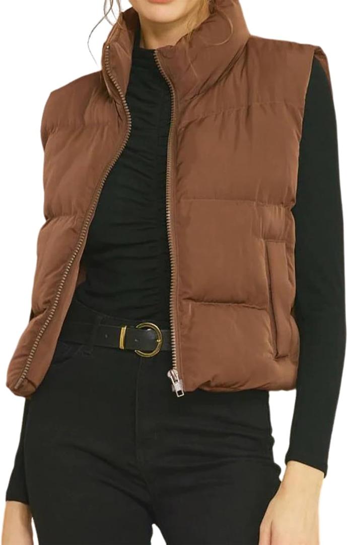 Gihuo Women's Winter Cropped Puffer Vest Stand Collar Zip Up Sleeveless Padded Jacket Lightweight Outerwear(Brown-S)