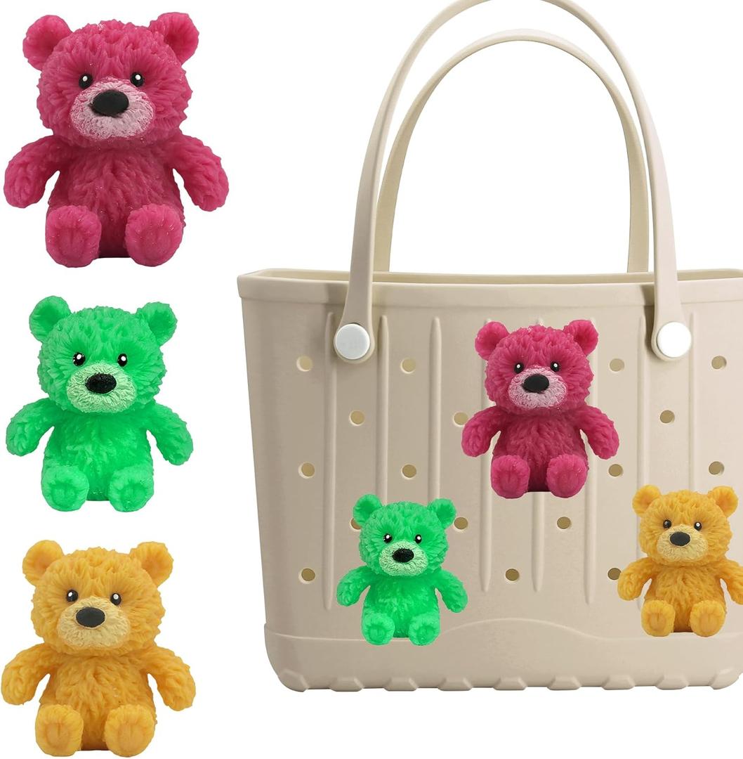Charms for Bogg Bag, 3D Animals Accessories With Sturdy Clips for Totes, Rubber Bag Cute Accessories, Decoration Charms for Girls Women (3 bear rose red+green+yellow)