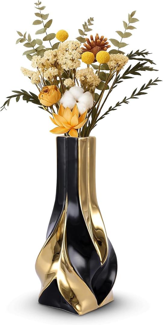 10.6" Black and Gold Ceramic Vase, Modern Geometric Flower Vase for Dining Table Centerpiece, Elegant Decorative Vase for Pampas Grass, Living Room, Bedroom, Office, Tabletop Decoration