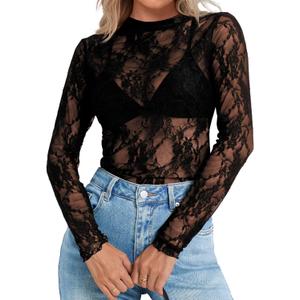 Elesomo Womens Lace Tops Mesh Sheer Long Sleeve Shirts Slim Fitted Tee | See Through, Sheer Under Shirt, Mock Neck, Turtleneck, Floral Blouse, Slim Fit, Layering Undershirt, Going Out, Party Club (Black, XL)