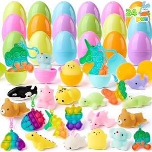 JOYIN Prefilled Easter Eggs with Assorted Toys, Filled with Mochi and pop Bubble Keychains, Easter Stuffed Toys for Kids to Egg Hunt, Kids Basket Stuffers, Party Favor, Classroom Prize