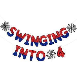 TaoBary Spider Theme 4th Birthday Banner, Pre-strung Swinging into 4 Banner, Spider 4th Birthday Decorations Party Supplies for Kids, Fourth Decor for 4 Year Old Boys Girls (Red and Blue)