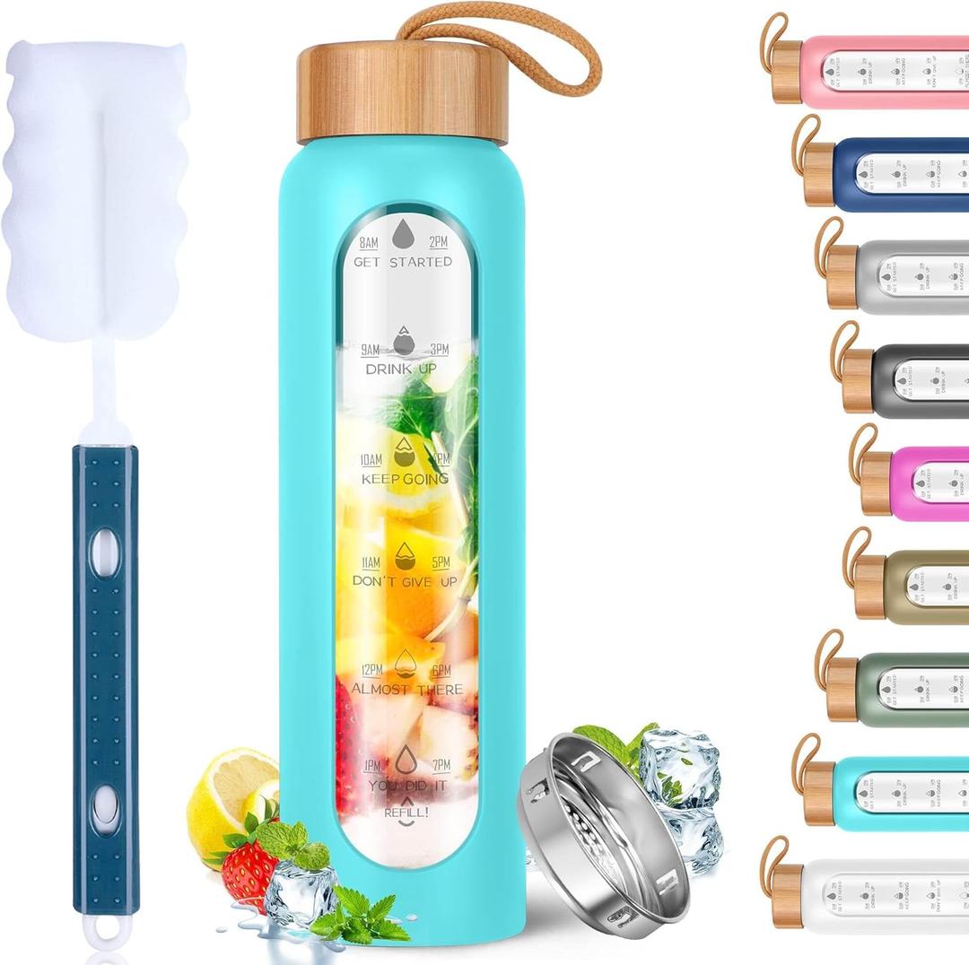 Aqulea Glass Water Bottles 32 Oz with Silicone Sleeve - BPA Free Reusable Wide Mouth Glass Motivational Water Bottles with Fruit Infuser  Leak Proof Borosilicate Water Bottle with Time Marker (Teal)