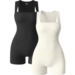 OQQ Women 2 Piece Rompers Yoga Stretch Strappy Square Neck Sleeveless Exercise Rompers Black Beige, X-Large