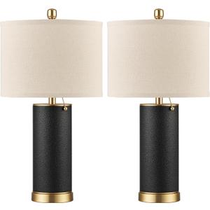 KDG 23.4" Black PU Leather Table Lamps for Living Room Set of 2, E26 Socket LED Modern Home Decor Fabric Lampshade Desk Lamp Lighitng for Bedroom, Bedside, Farmhouse, Nightstand, Night Light