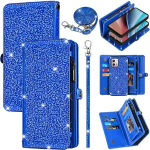 Wallet Cover for Motorola Moto G Stylus 4G 2023 with Detachable Magnetic Phone Case Flip Zipper Purse, Wrist Strap Shoulder Strap Glitter Card Holder Stand for GStylus XT2317-1 XT2317-2 Blue