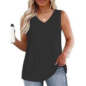 DOLNINE Plus Size Black Tank Top Womens Casual Pleated Flattering Tees Basic V-Neck Lightweight Shirts XL
