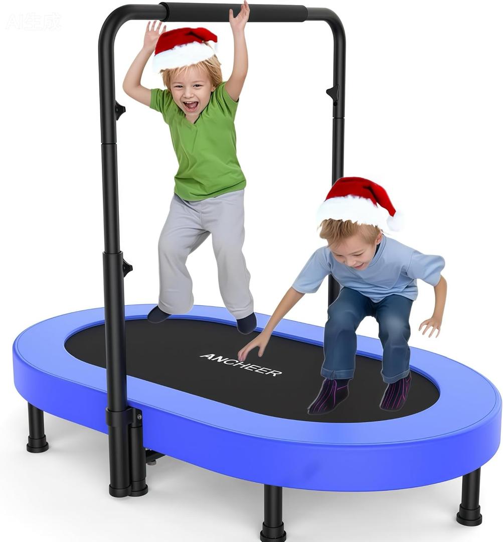 ANCHEER 56" Double Mini Trampoline for Kids, Mini Rebounder with 5-Level Adjustable Handle, Parent-Child Trampoline for Kids, Max Load 220lbs, Fun for Indoor/Outdoor (Training Blue)