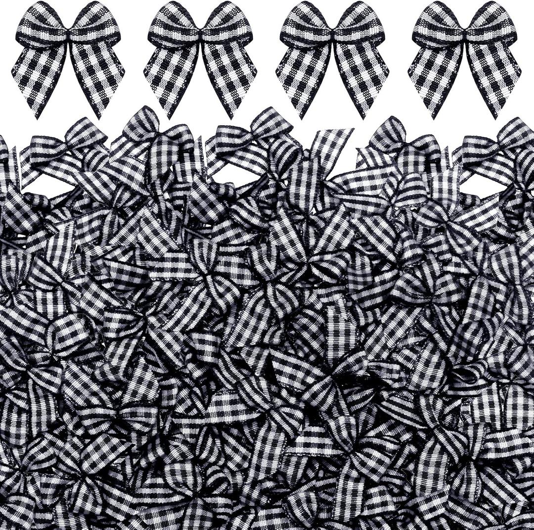 Syhood 150 Pieces Christmas Mini Gingham Ribbon Bow Checkered Burlap Buffalo Plaid Bow Tiny Winter Christmas Ornament for Home Xmas Trees Wreath Appliques Gifts Sewing DIY Craft Decor(Black White)