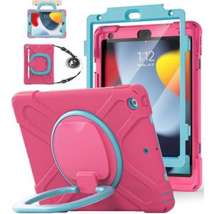 BATYUE for iPad 9th/ 8th/ 7th Generation Case (iPad 10.2 inch Rugged Case 2021/2020/2019) with Screen Protector, Rotating Stand/Pencil Holder/Carrying Shoulder Strap (Rose Red+Blue)