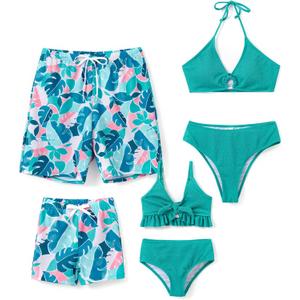 PATPAT Family Matching Summer Swimsuits, Two Piece Bathing Suits Tropical Plant Floral Print Swim Trunks Shorts (3-4T, Mint Green)