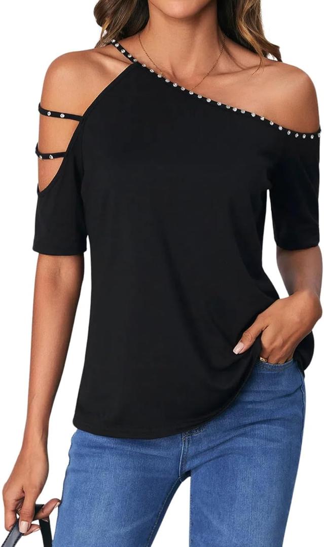 SOLY HUX Women's Cut Out Off Shoulder T Shirt Short Sleeve Rhinestone Tee Tops, Size S