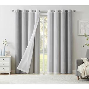 Grey Blackout Window Curtains for Kids Room 95 Inch Length Mix & Match Double Layers Grommet Curtain Panels Grey Ombre Sheers Overlay 90% Room Darkening Thermal Drapes for Patio, 52" w 4 Pieces