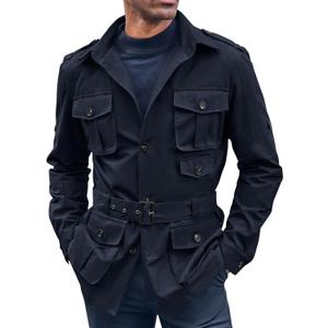 Runcati Mens Safari Jacket Military Utility Multi Pocket Casual Outdoor Fishing Cargo Outwear Coat with Belt (X-Large, Navy Blue)